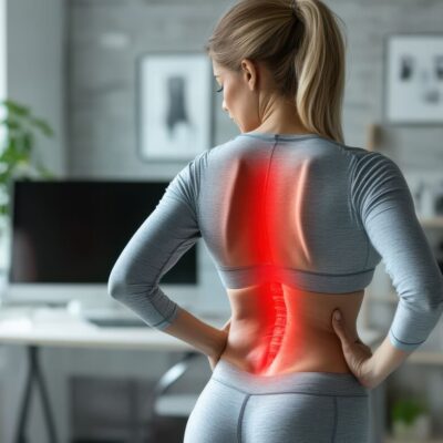 Kobieta trzymająca się za plecy, co sugeruje bóle kręgosłupa.